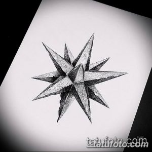 Эскиз татуировки, изображающий звездный взрыв, выполненный в технике точечного рисунка. Черно-белый рисунок.